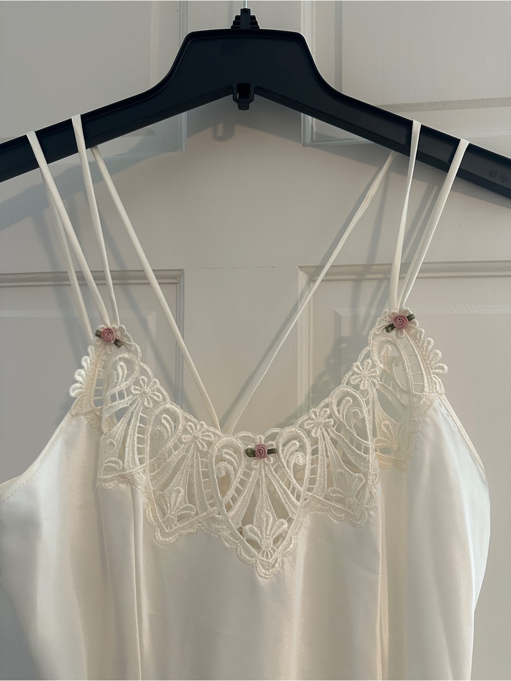 Vintage California Dynasty white ivory satin nightgown, L, tiny rose accents